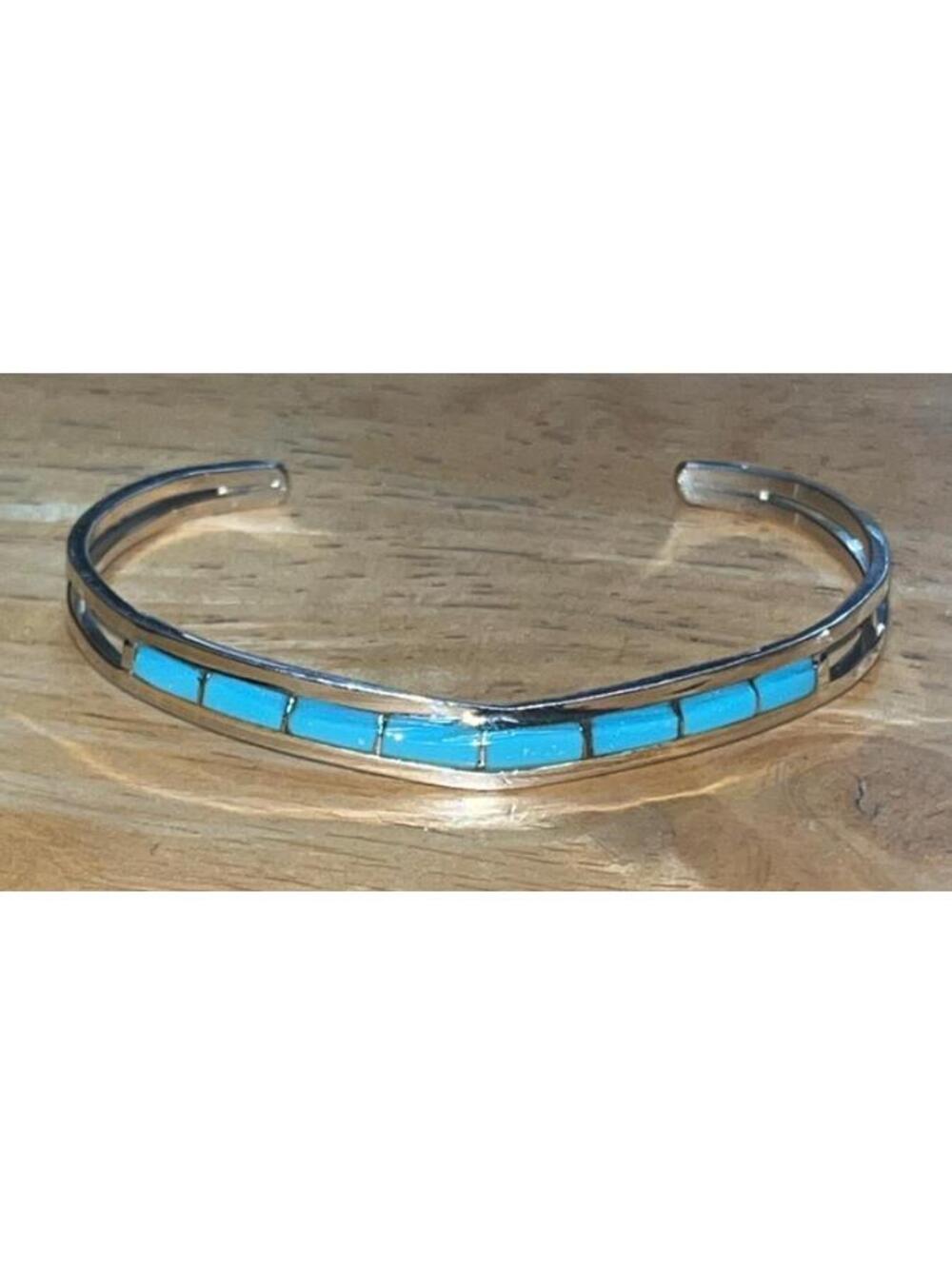Native American Zuni handmade turquoise sterling silver inlay bracelet -Wallace